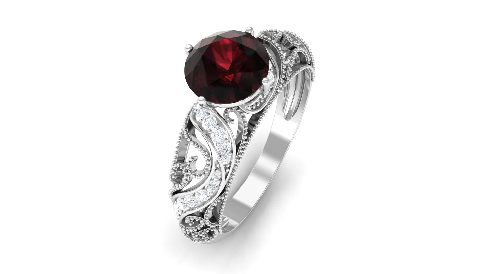 Round Garnet Vintage Inspired Engagement Ring with Diamond