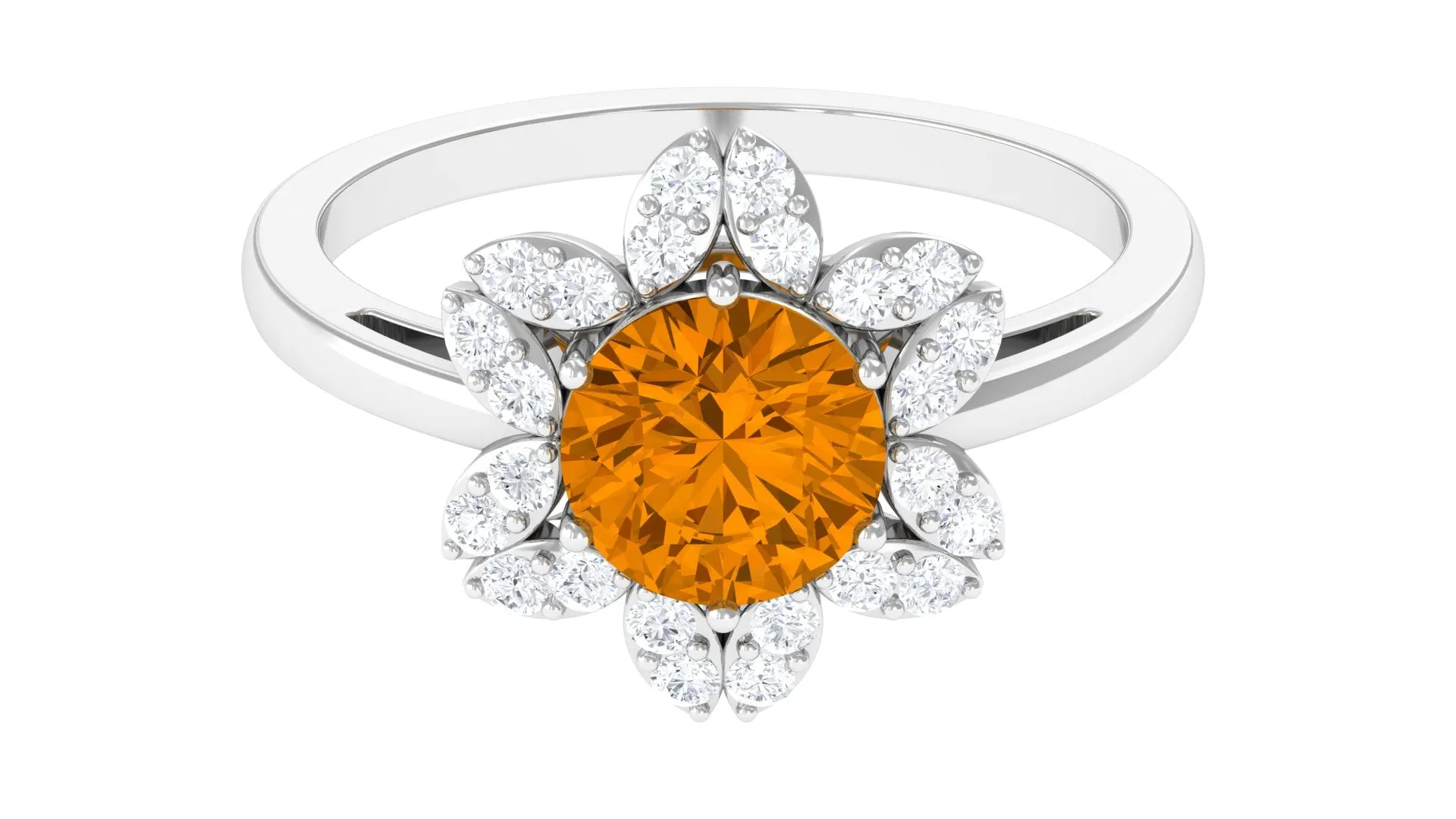 Round Shape Citrine Flower Ring with Diamond Halo