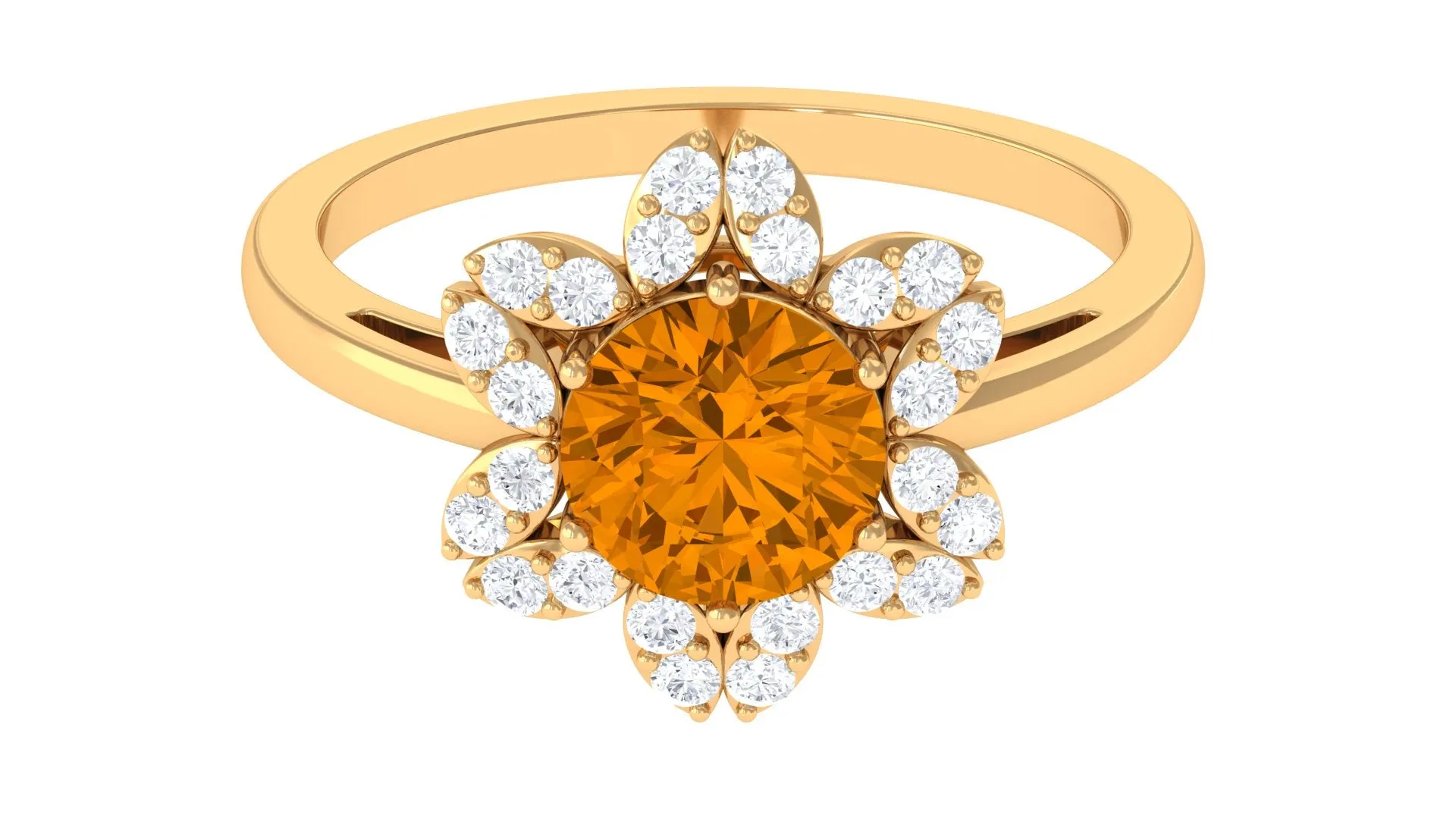 Round Shape Citrine Flower Ring with Diamond Halo