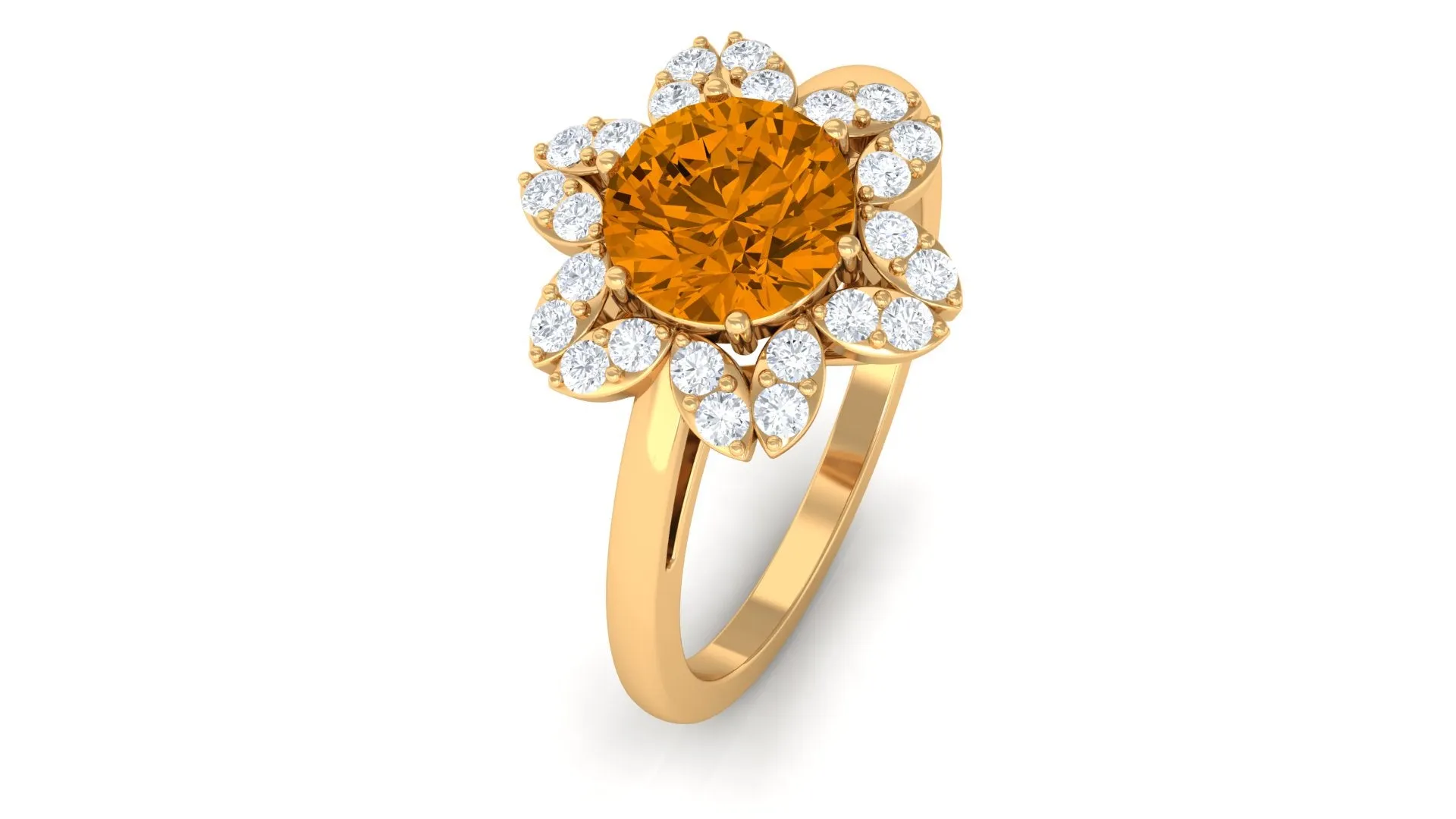 Round Shape Citrine Flower Ring with Diamond Halo