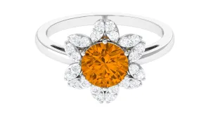 Round Shape Citrine Flower Ring with Diamond Halo