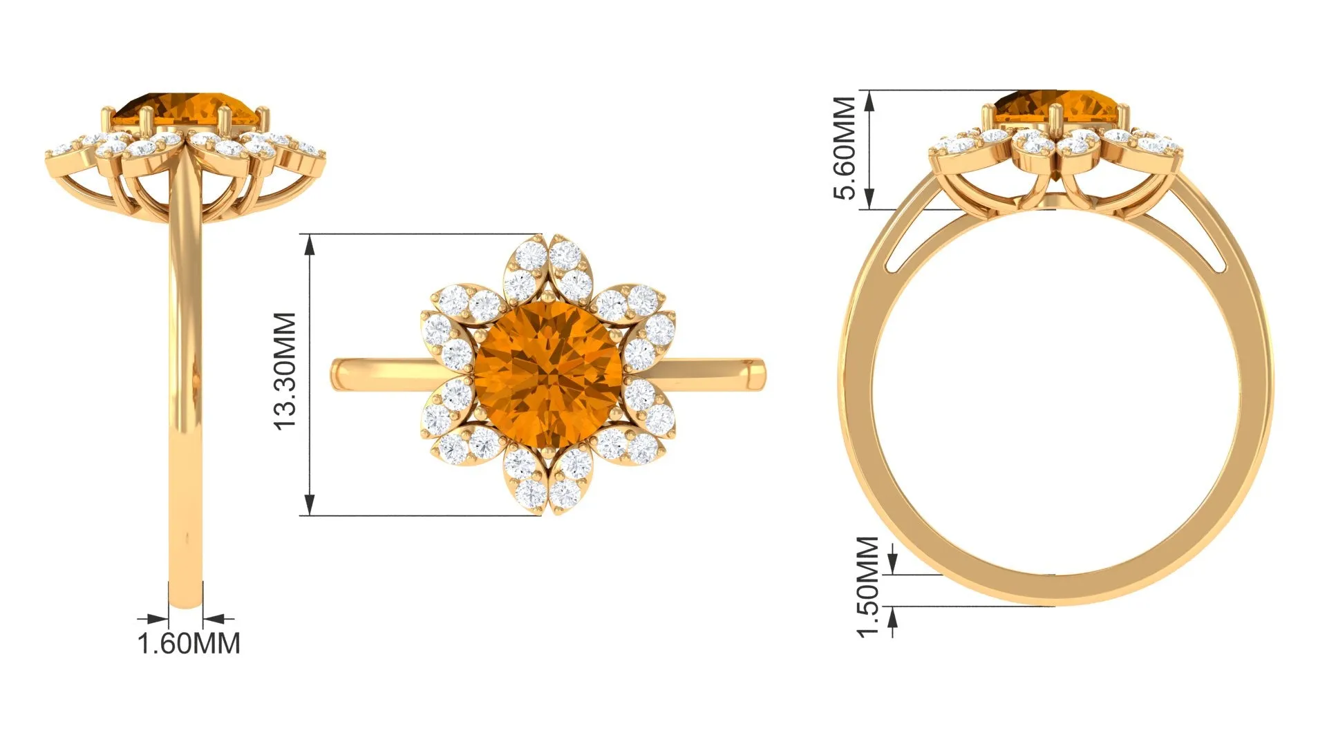 Round Shape Citrine Flower Ring with Diamond Halo