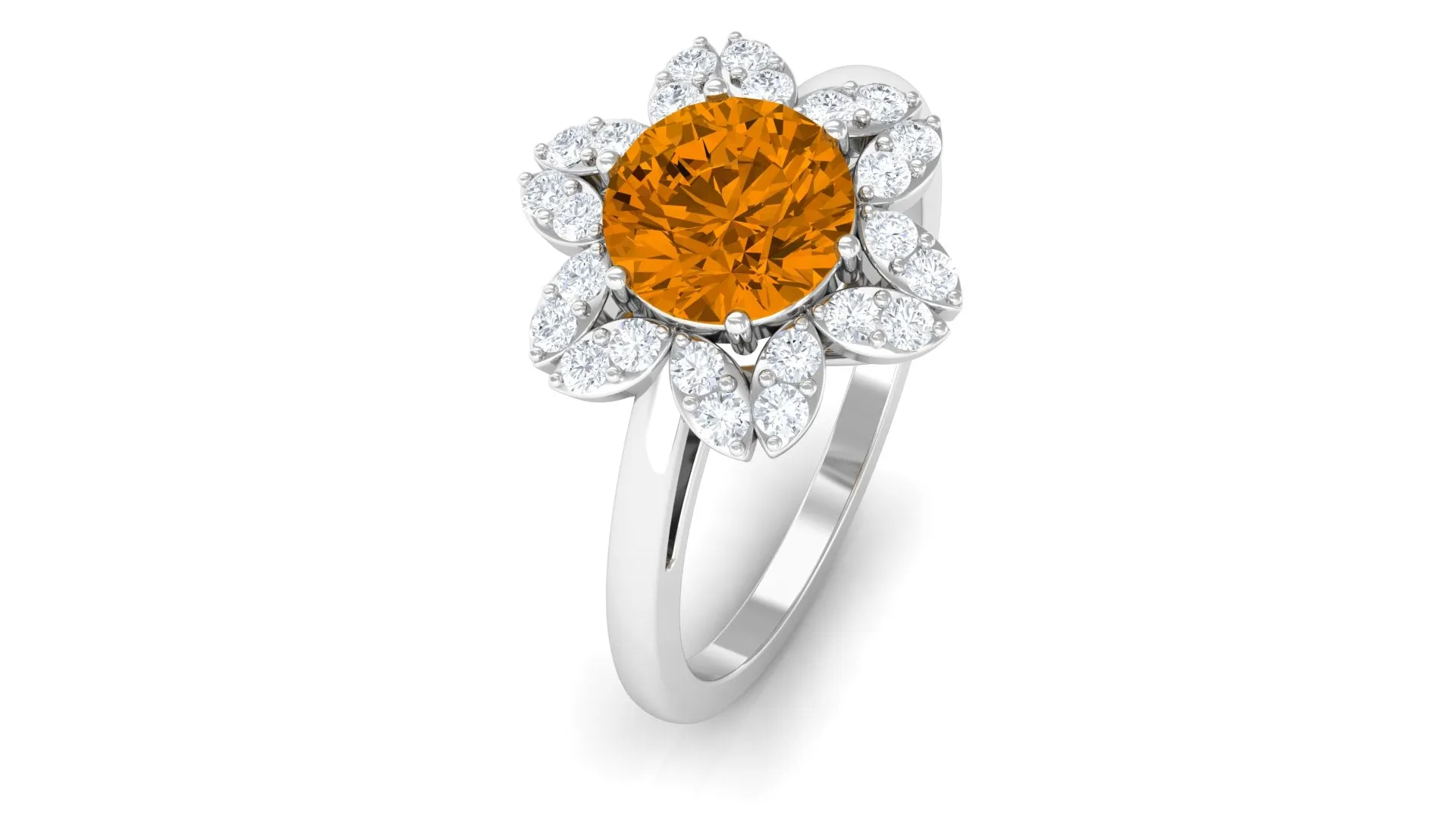 Round Shape Citrine Flower Ring with Diamond Halo