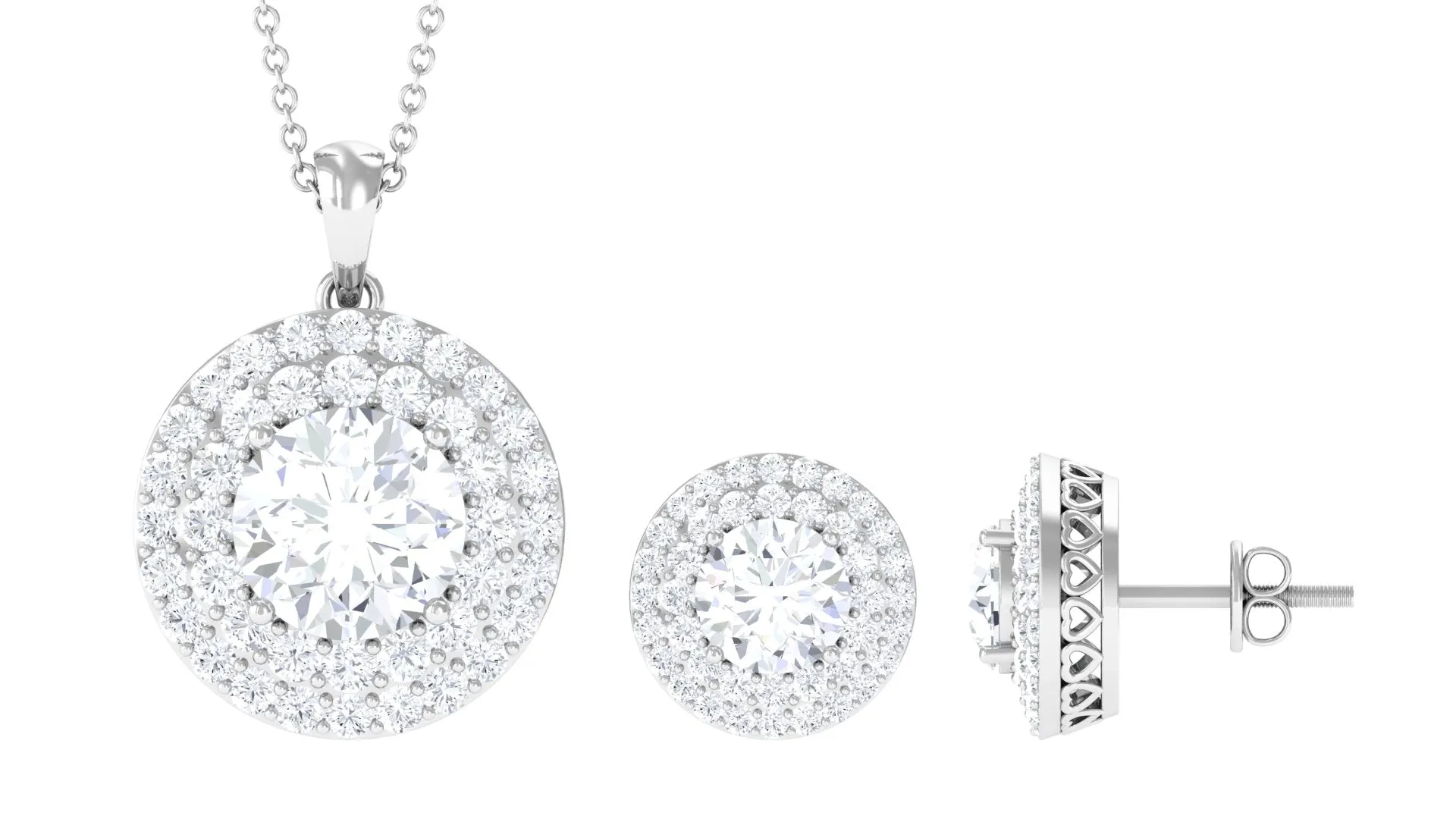Round Shape Zircon Double Halo Pendant Earrings Set