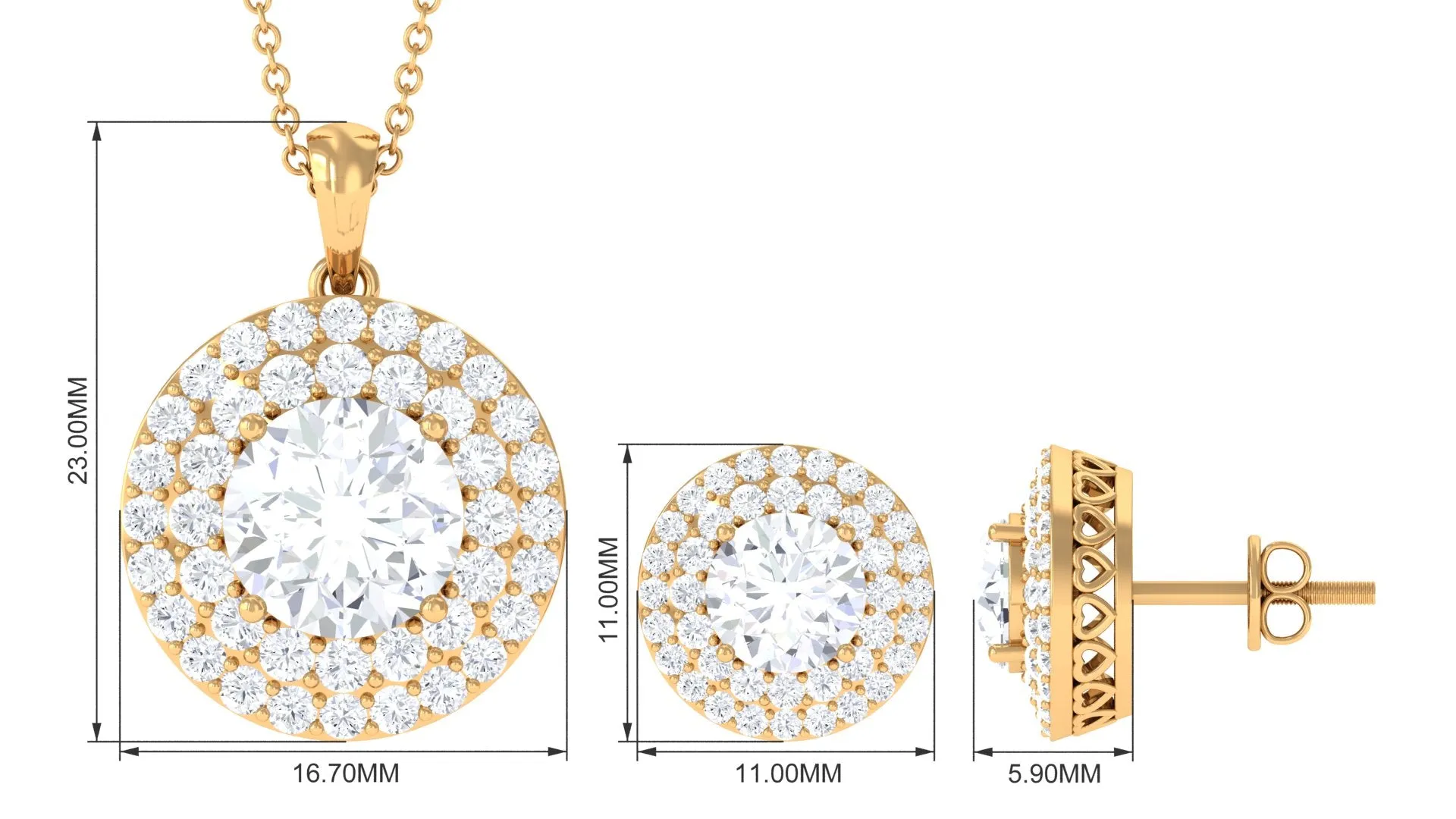 Round Shape Zircon Double Halo Pendant Earrings Set
