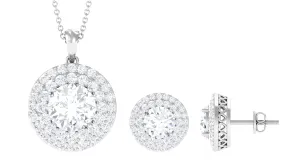 Round Shape Zircon Double Halo Pendant Earrings Set