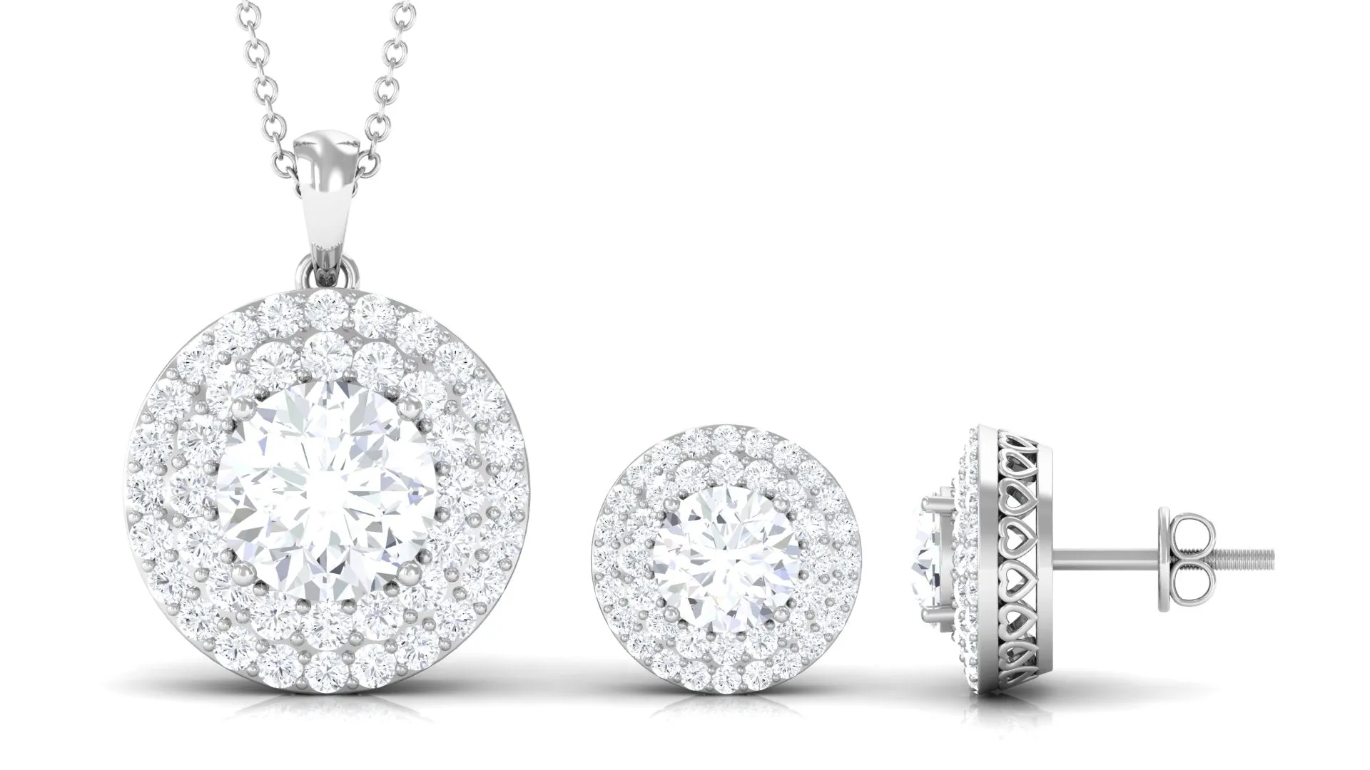 Round Shape Zircon Double Halo Pendant Earrings Set