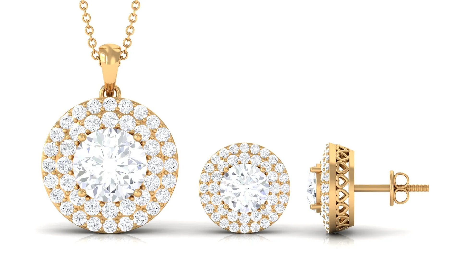 Round Shape Zircon Double Halo Pendant Earrings Set