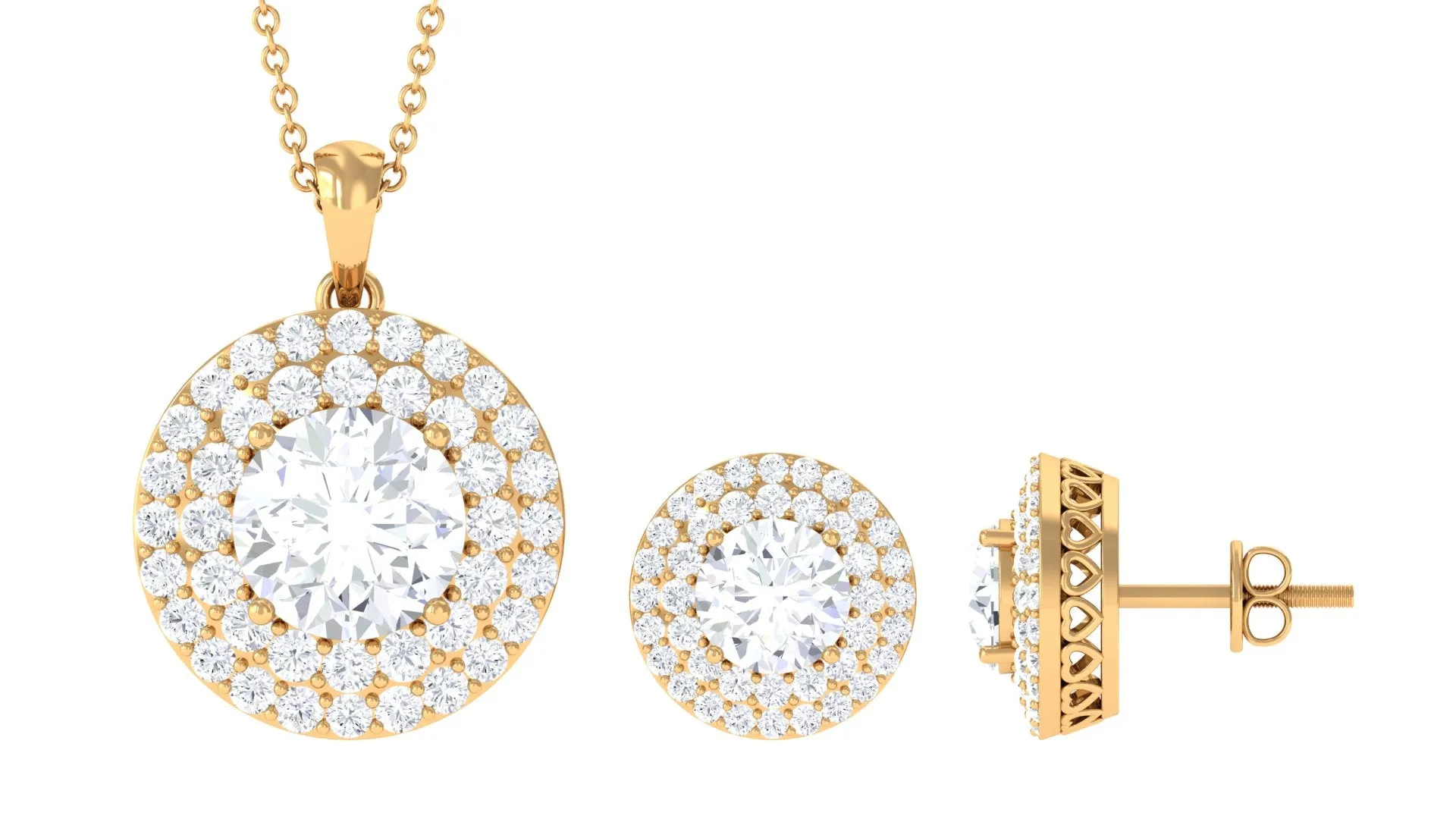 Round Shape Zircon Double Halo Pendant Earrings Set