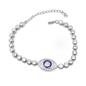 Silver Cubic Zirconia Evil Eye Adjustable Chain Bracelet