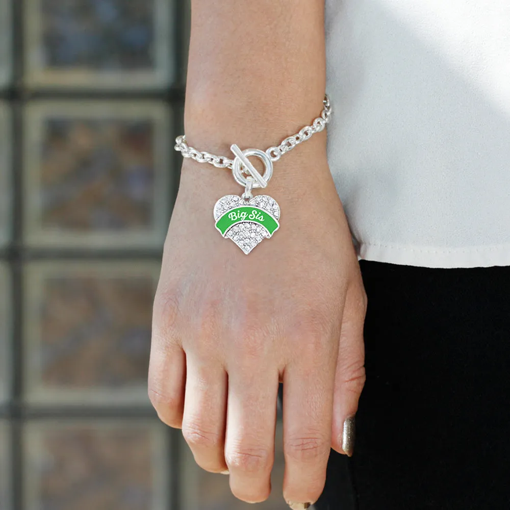 Silver Emerald Green Big Sister Pave Heart Charm Toggle Bracelet