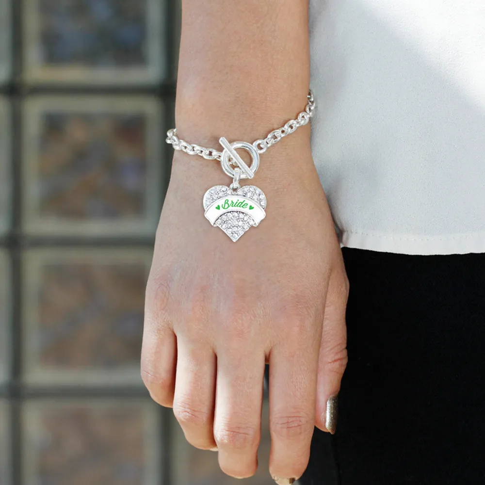 Silver Emerald Green Bride Pave Heart Charm Toggle Bracelet