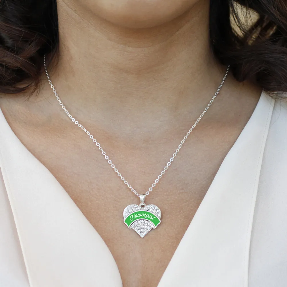 Silver Emerald Green Flower Girl Pave Heart Charm Classic Necklace