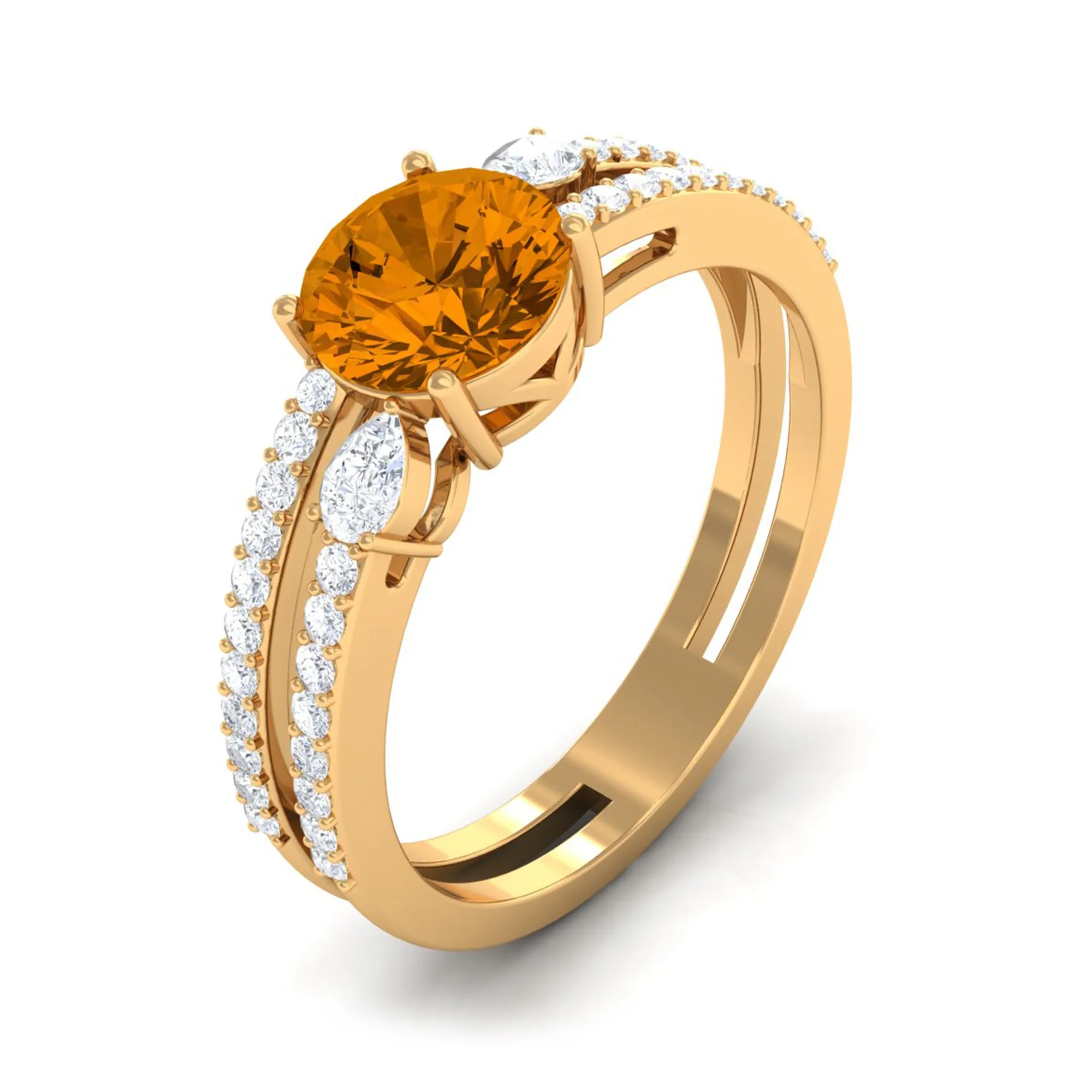 Solitaire Citrine Double Band Engagement Ring with Diamond