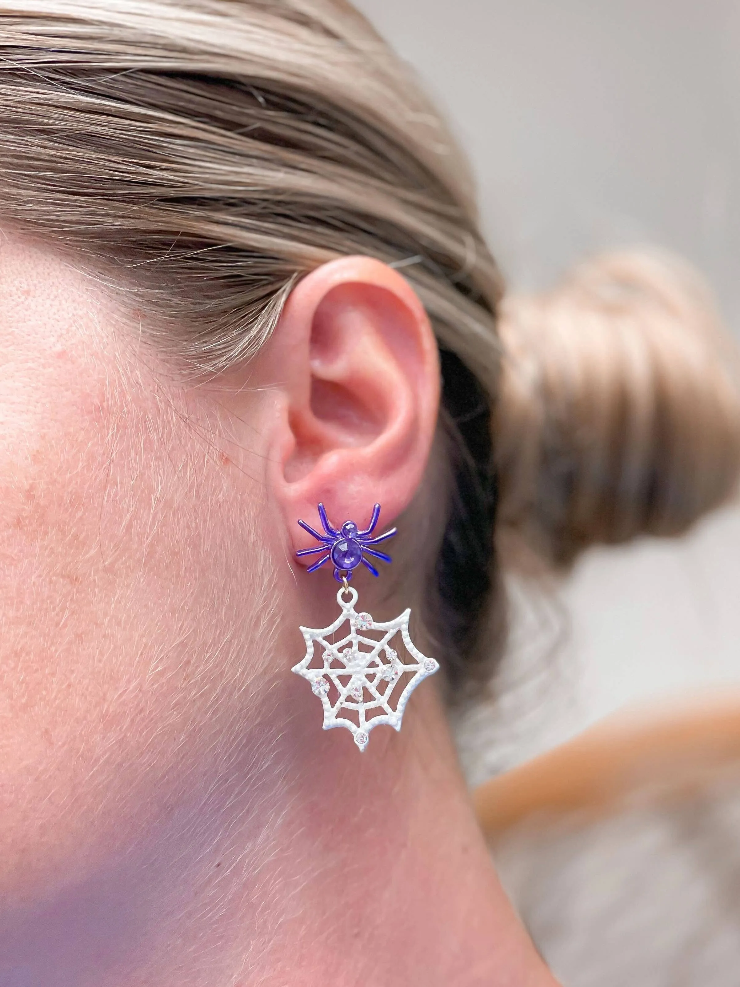 Spider Cobweb Dangle Earrings: Purple