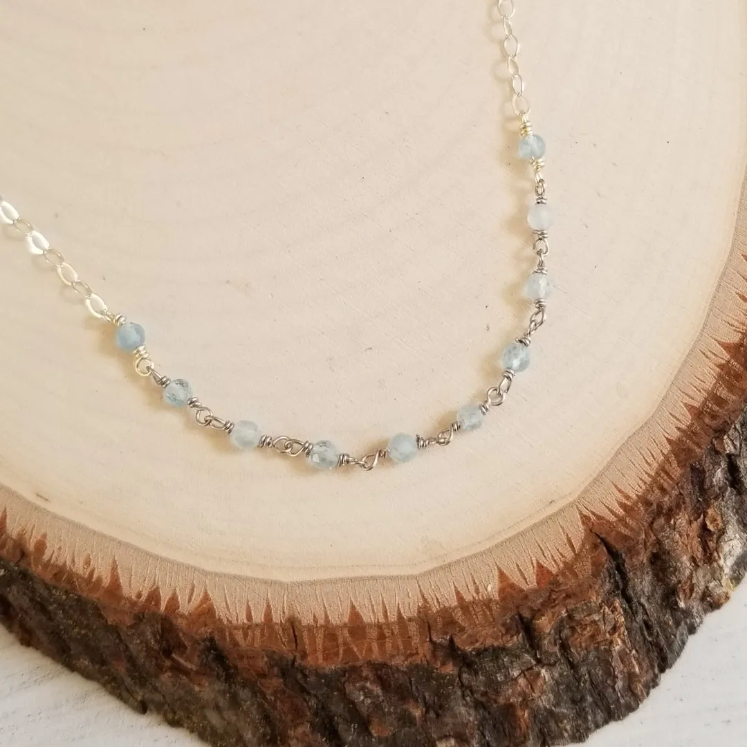 Sterling Silver Aquamarine Necklace, Dainty Beaded Necklace