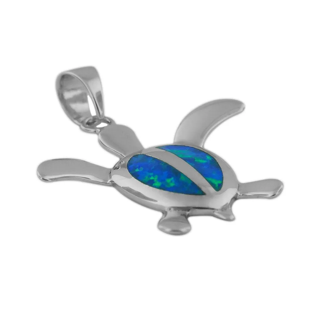 Sterling Silver Synthetic Blue Opal 23mm Turtle Pendant Necklace, 16 2" Extender