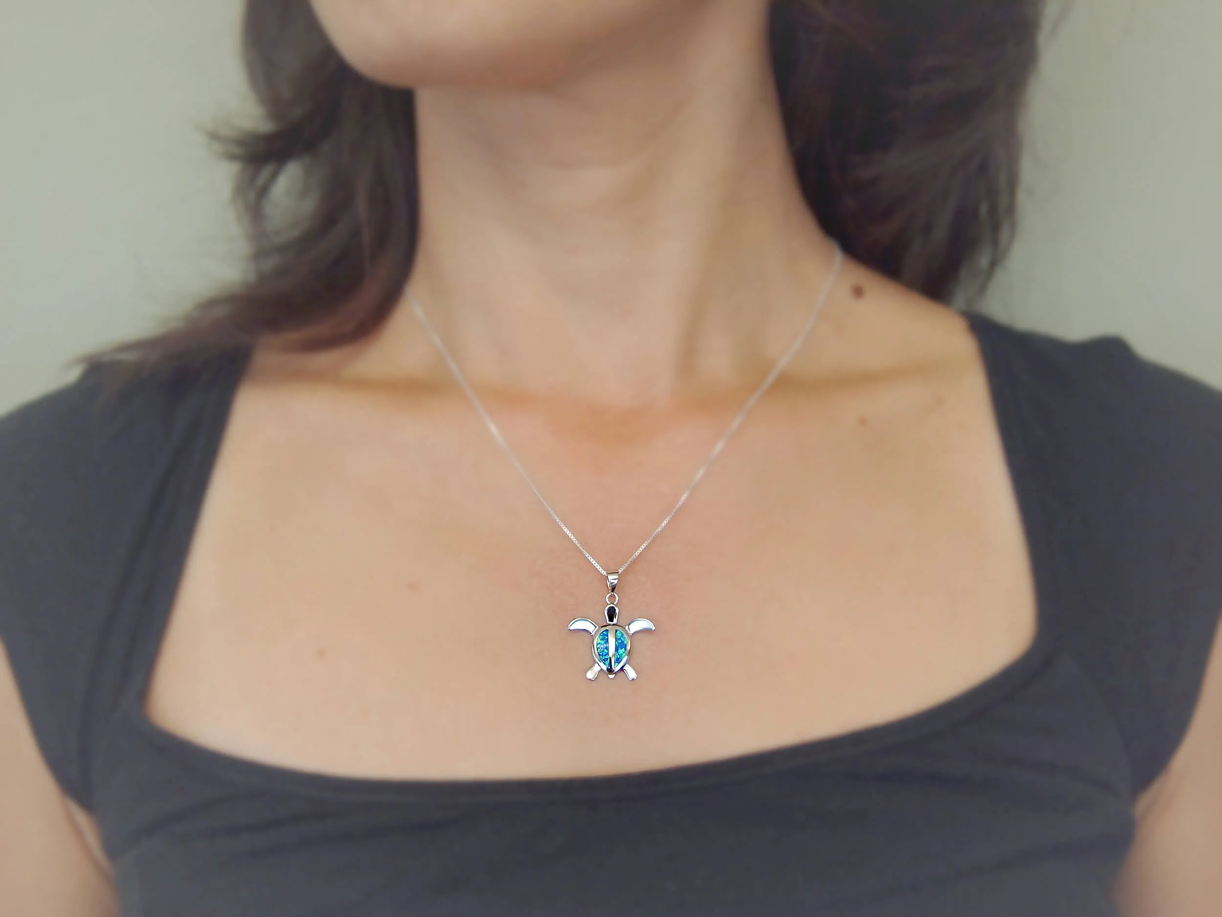 Sterling Silver Synthetic Blue Opal 23mm Turtle Pendant Necklace, 16 2" Extender