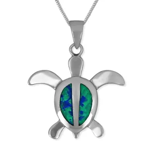 Sterling Silver Synthetic Blue Opal 23mm Turtle Pendant Necklace, 16 2" Extender