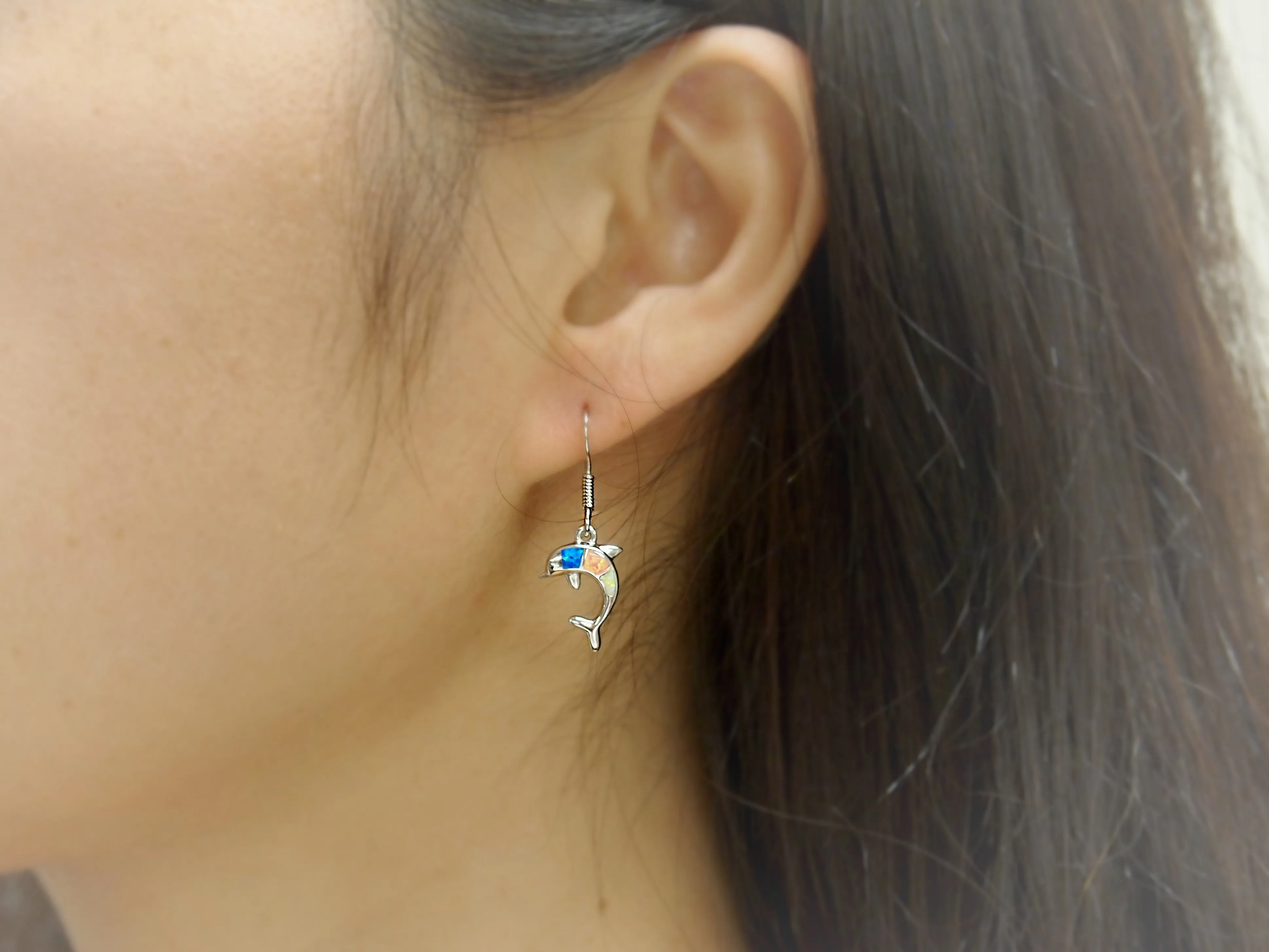 Sterling Silver Synthetic Blue Opal Dolphin Dangle Earrings