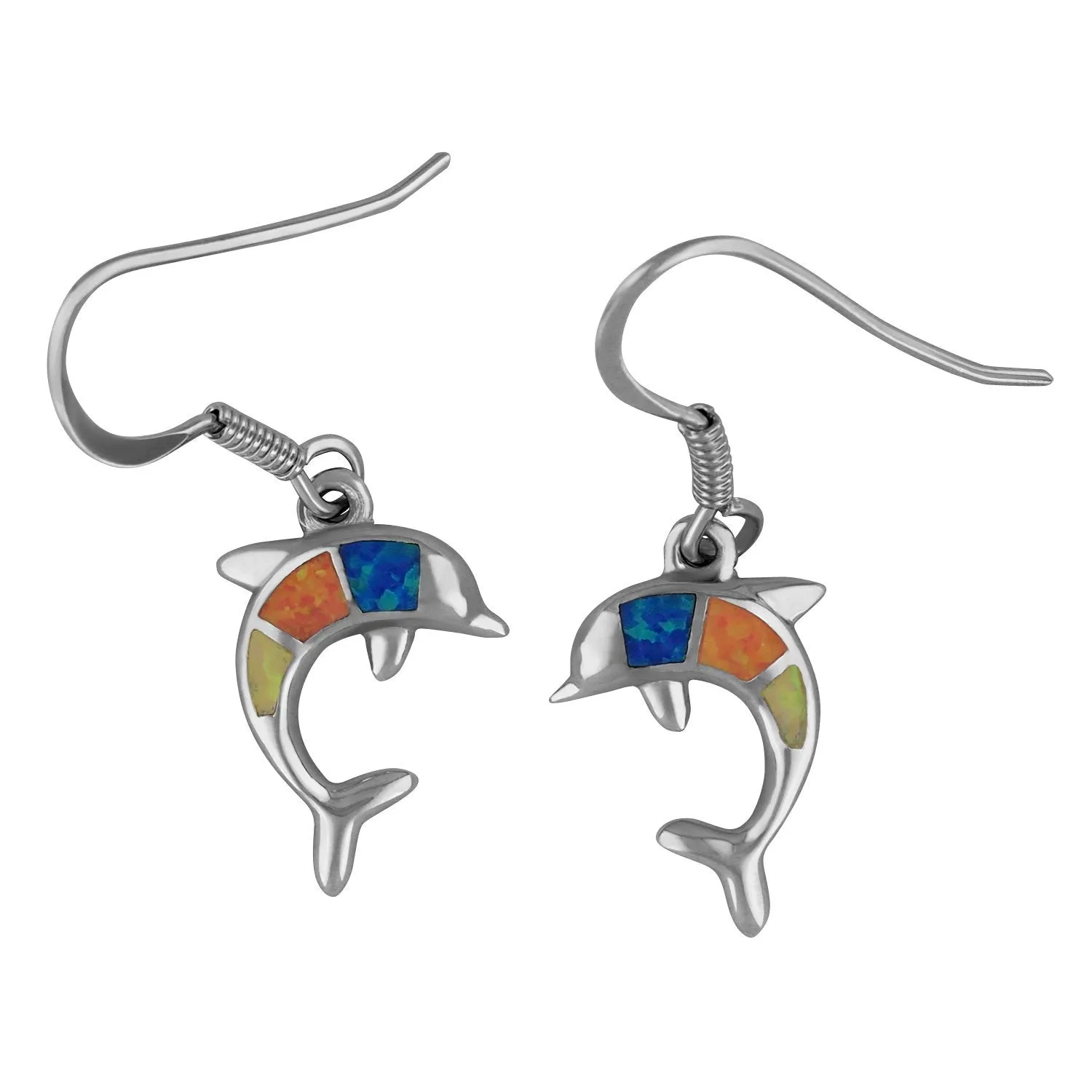 Sterling Silver Synthetic Blue Opal Dolphin Dangle Earrings