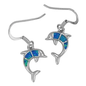 Sterling Silver Synthetic Blue Opal Dolphin Dangle Earrings