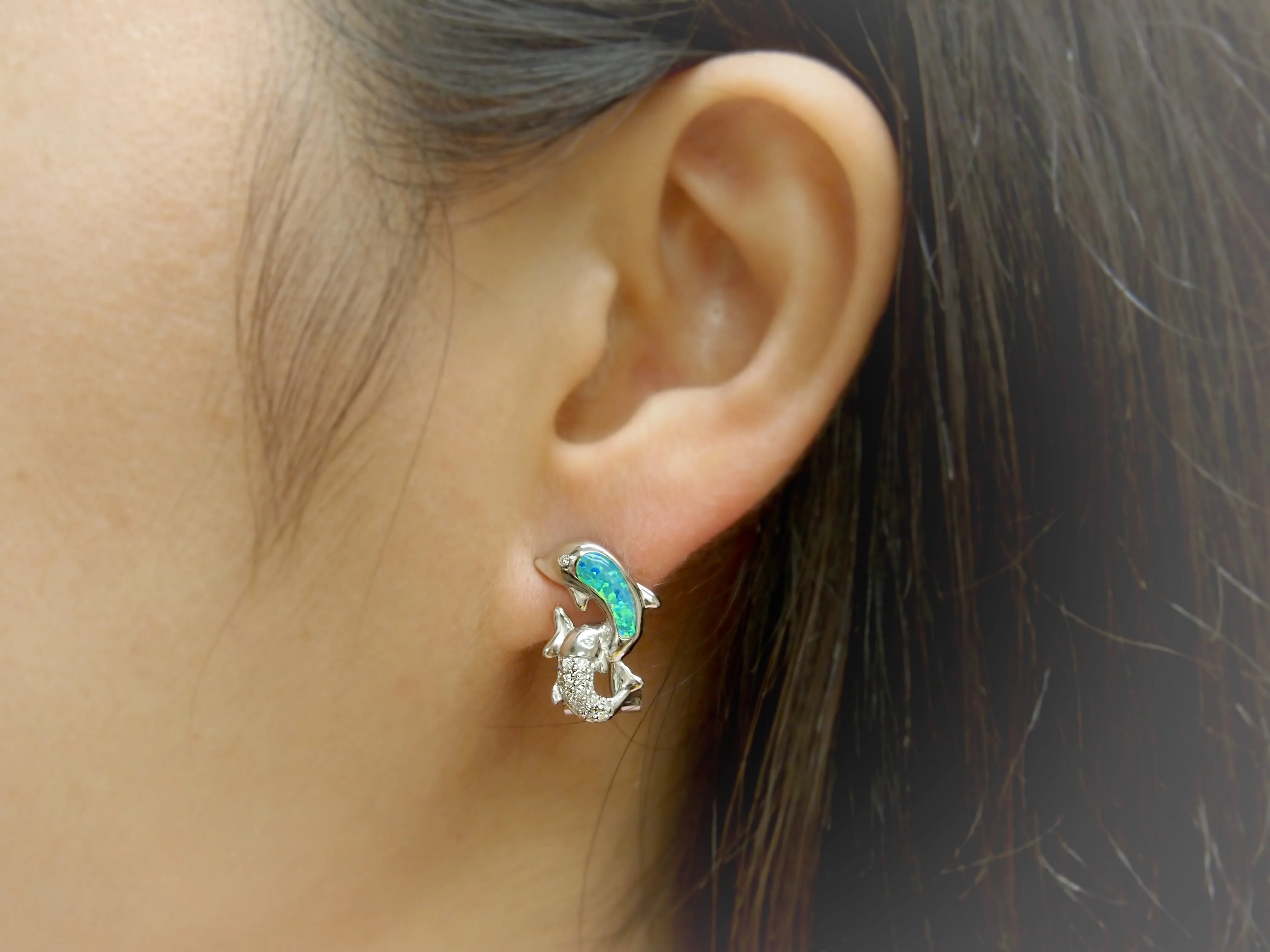 Sterling Silver Synthetic Blue Opal Dolphin Earrings