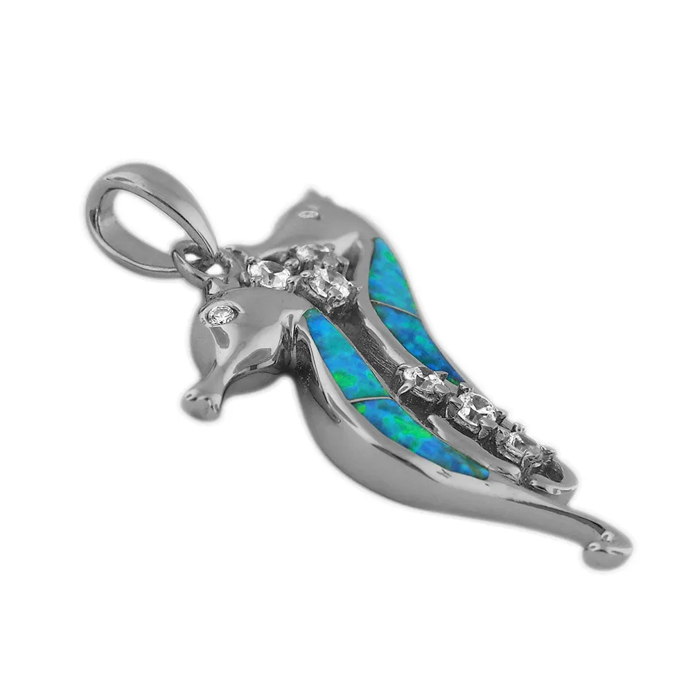 Sterling Silver Synthetic Blue Opal Seahorse Pendant Necklace, 16 2" Extender