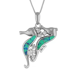 Sterling Silver Synthetic Blue Opal Seahorse Pendant Necklace, 16 2" Extender