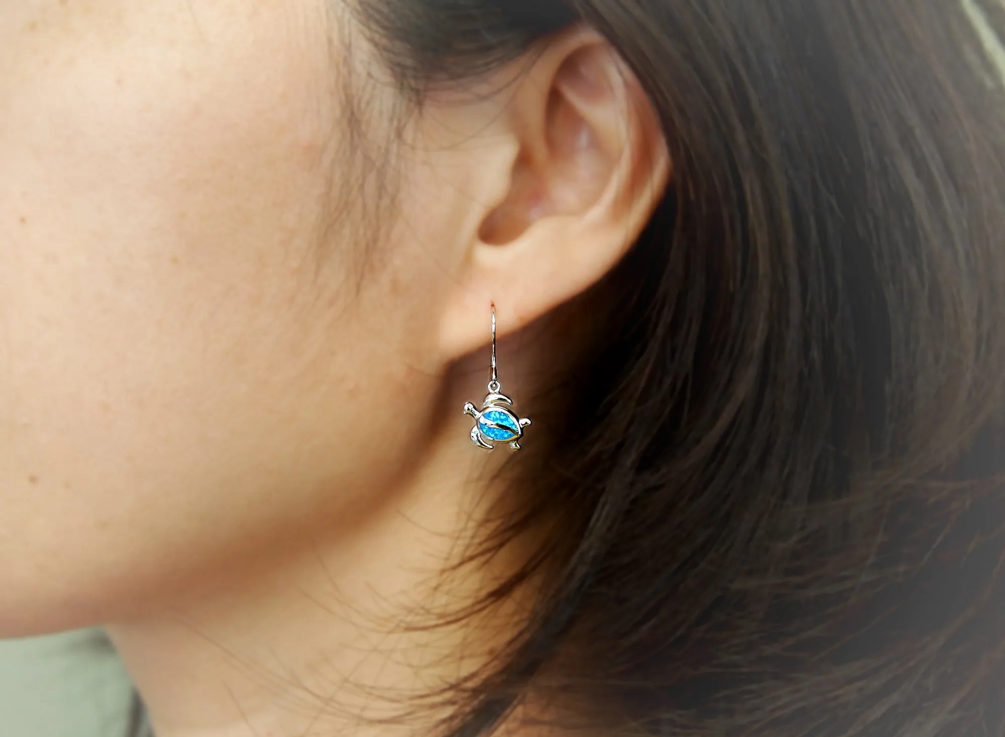 Sterling Silver Synthetic Blue Opal Turtle Dangle Earrings