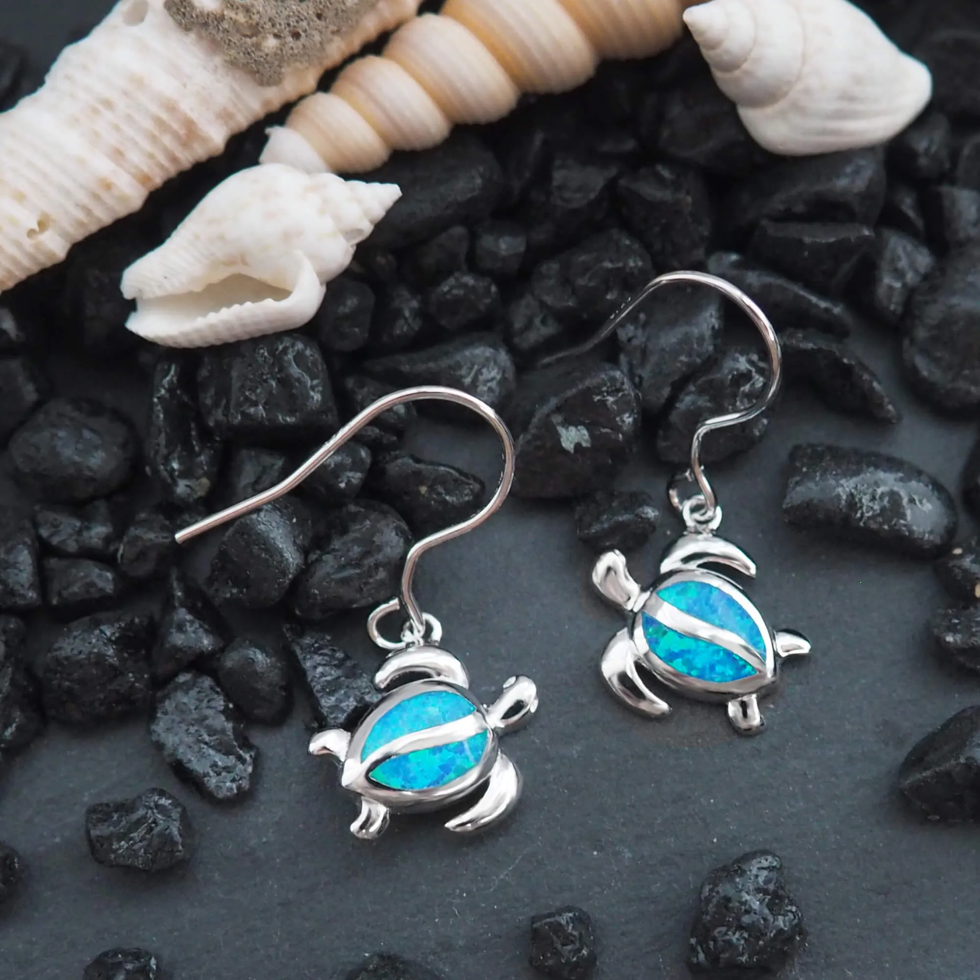 Sterling Silver Synthetic Blue Opal Turtle Dangle Earrings