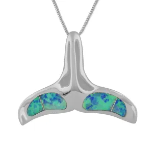 Sterling Silver Synthetic Blue Opal Whale Tail Pendant Necklace, 16 2" Extender
