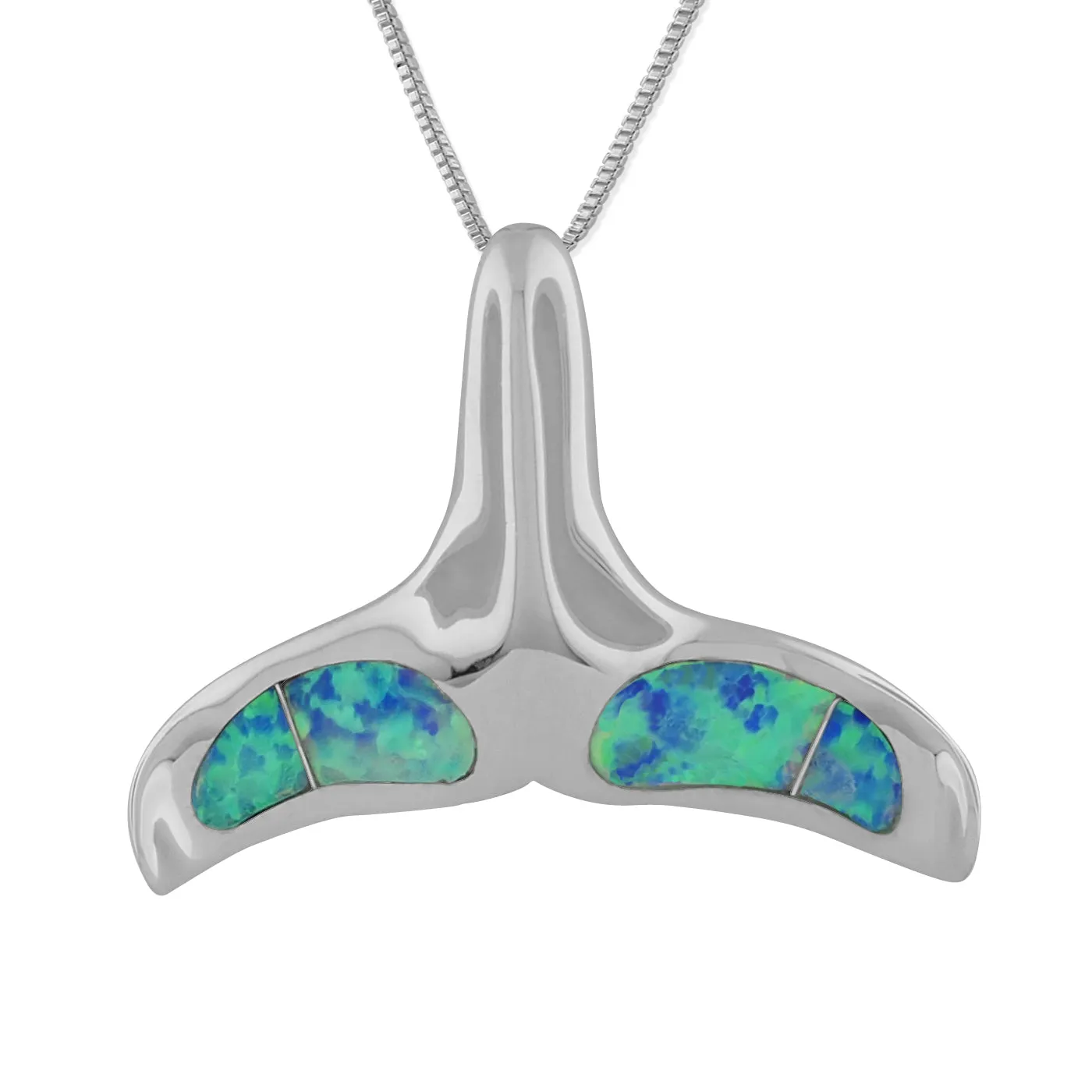 Sterling Silver Synthetic Blue Opal Whale Tail Pendant Necklace, 16 2" Extender