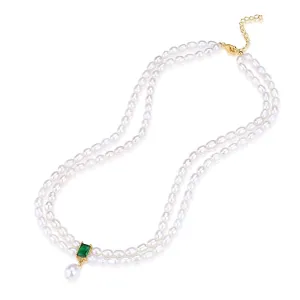 Super-Slim Freshwater Pearl Double Strand Emerald Layer Necklace