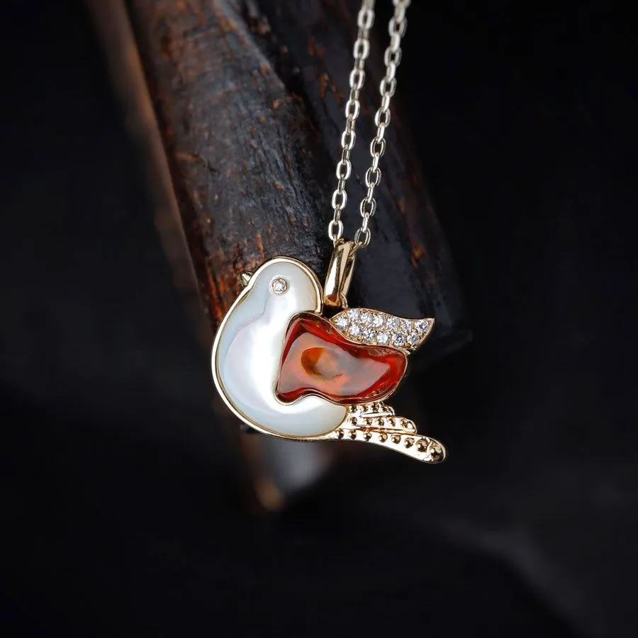 The Fat Pigeon - Fire Opal Diamond Pendant 18K Yellow Gold Adorable Bird Necklace
