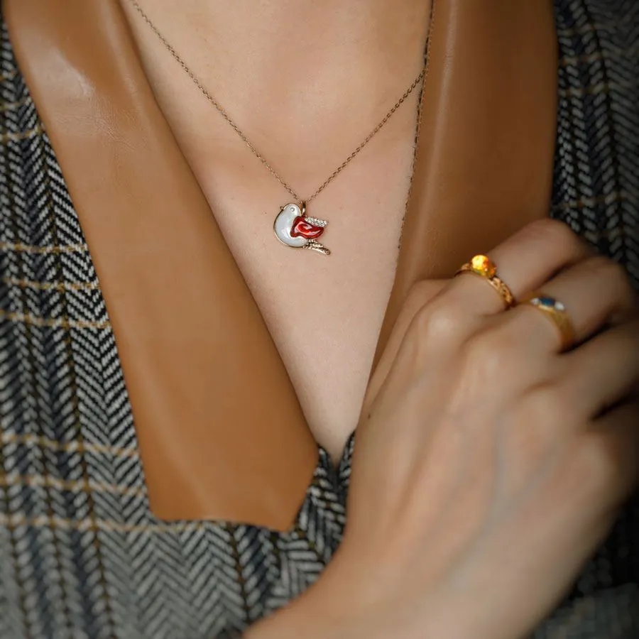 The Fat Pigeon - Fire Opal Diamond Pendant 18K Yellow Gold Adorable Bird Necklace