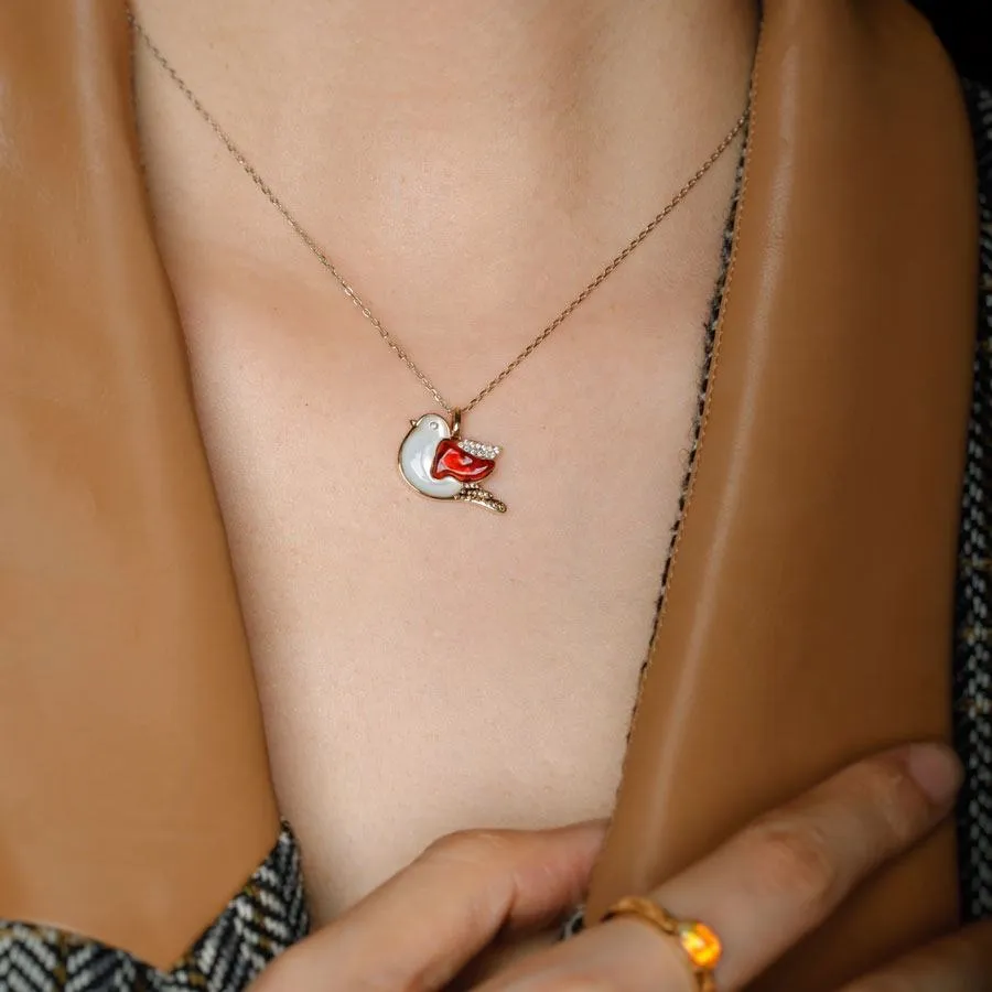 The Fat Pigeon - Fire Opal Diamond Pendant 18K Yellow Gold Adorable Bird Necklace