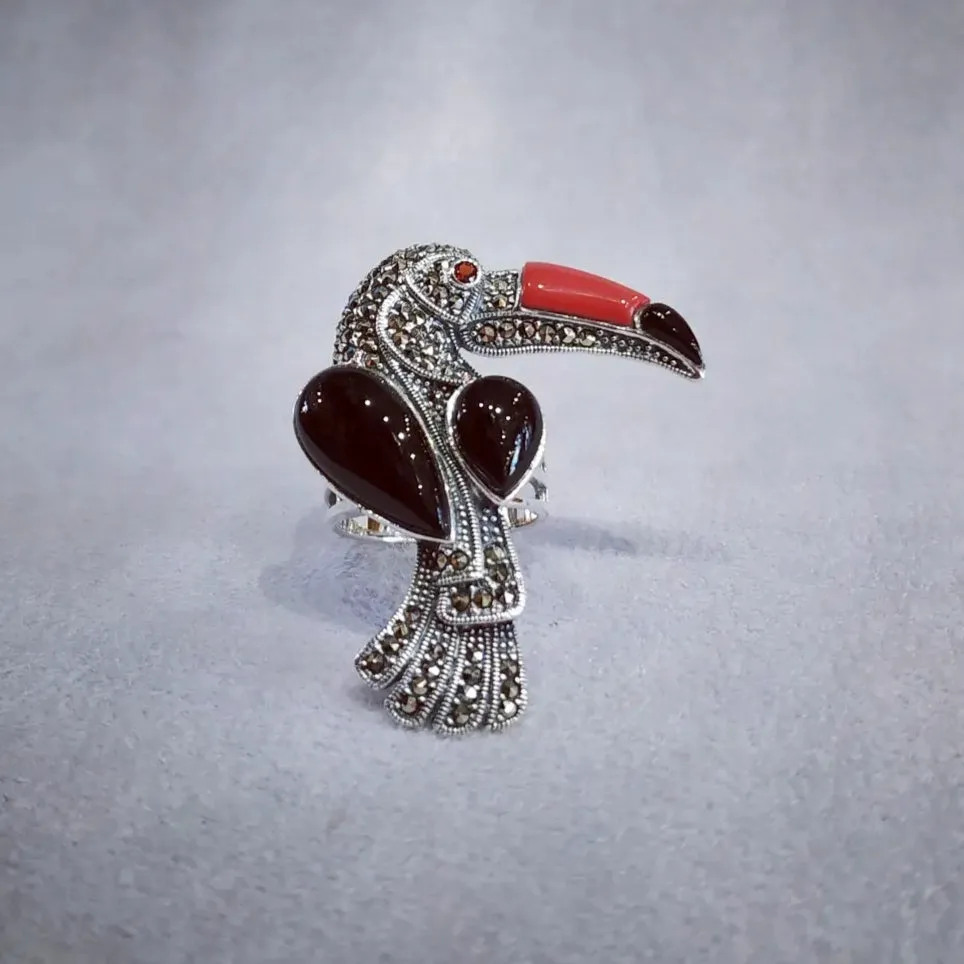 Toucan Silver Marcasite Cornelian Black Onyx Ring