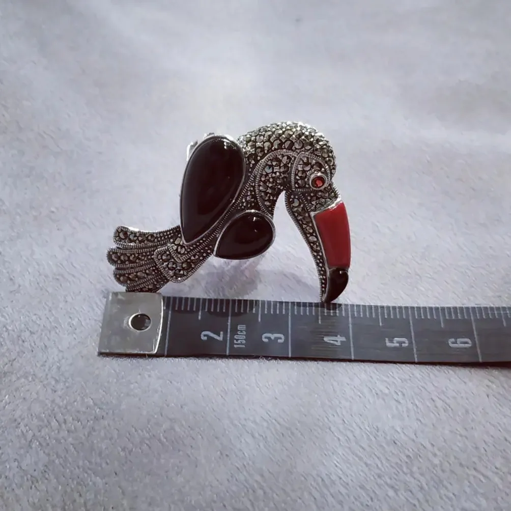 Toucan Silver Marcasite Cornelian Black Onyx Ring