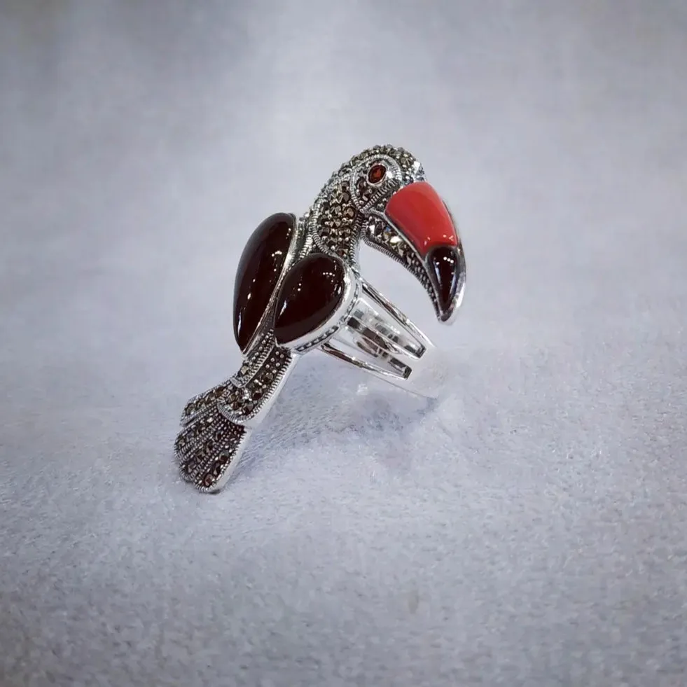 Toucan Silver Marcasite Cornelian Black Onyx Ring