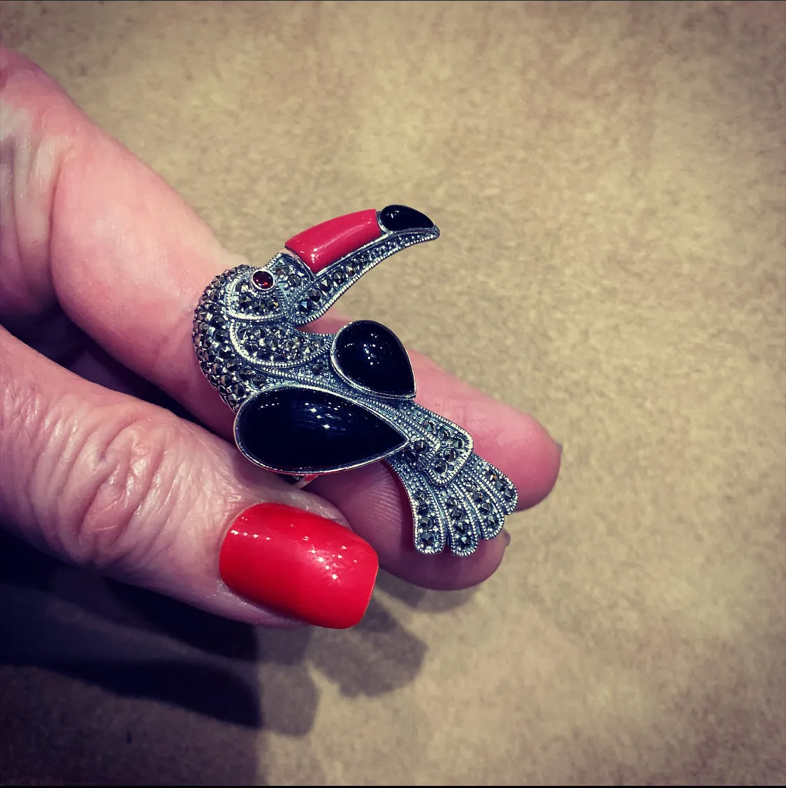 Toucan Silver Marcasite Cornelian Black Onyx Ring