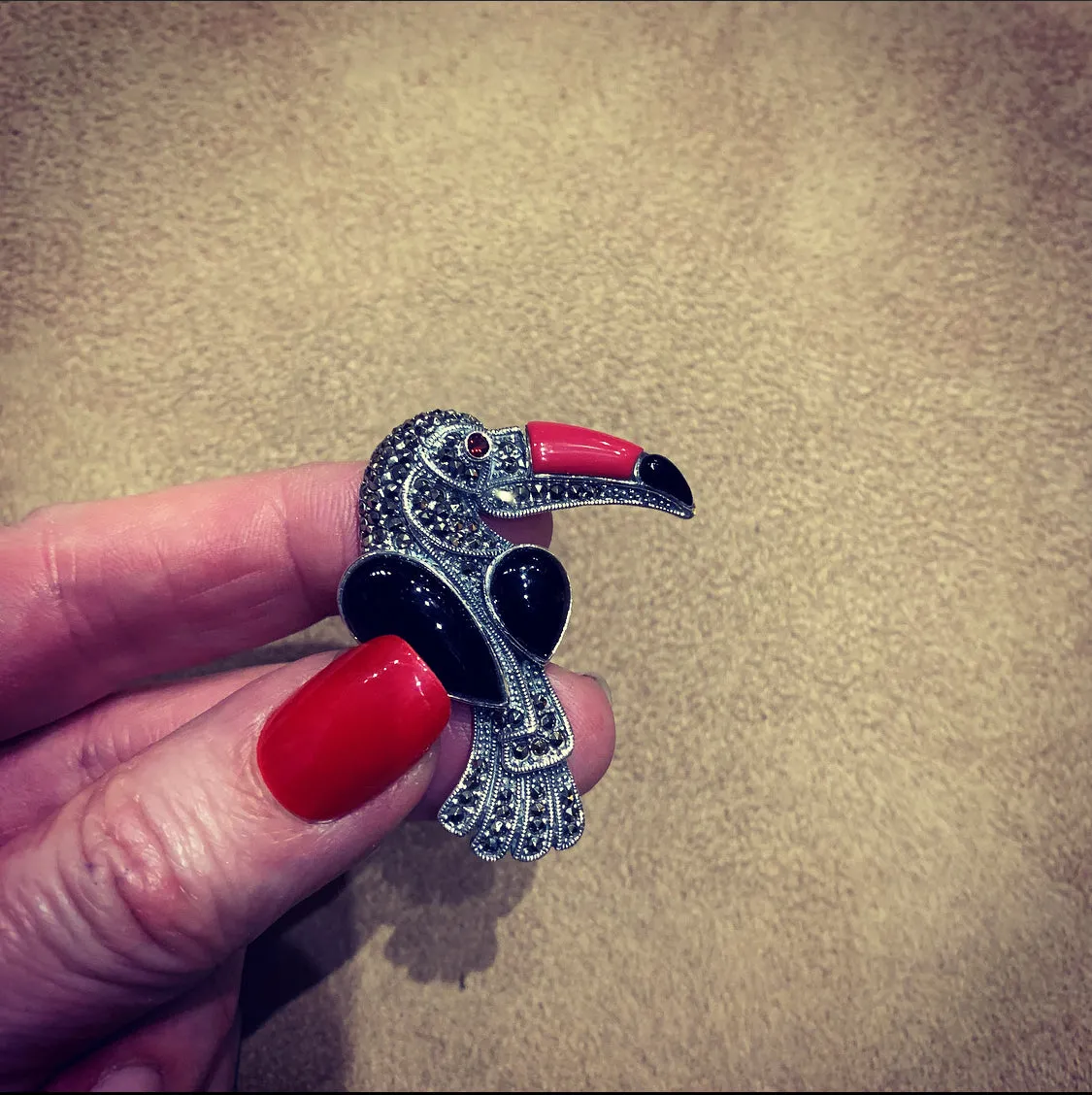 Toucan Silver Marcasite Cornelian Black Onyx Ring