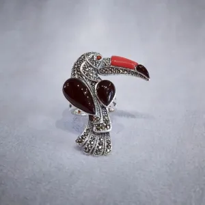 Toucan Silver Marcasite Cornelian Black Onyx Ring