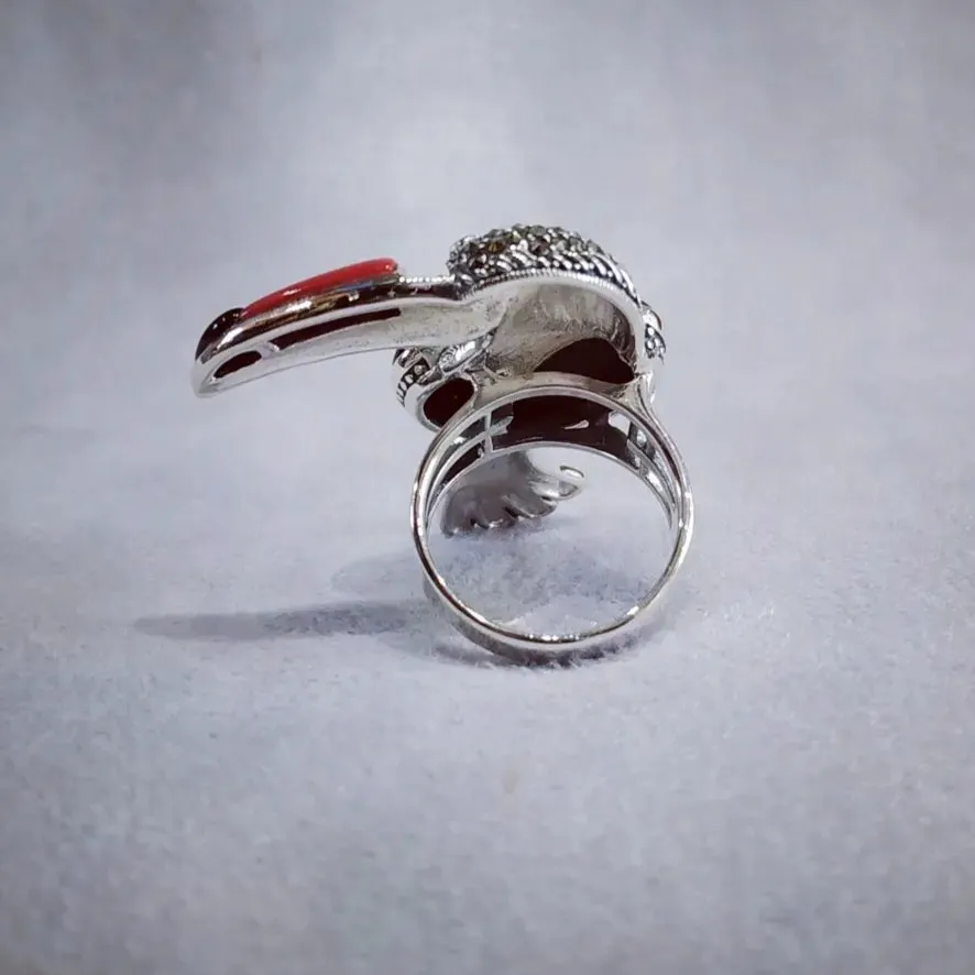 Toucan Silver Marcasite Cornelian Black Onyx Ring