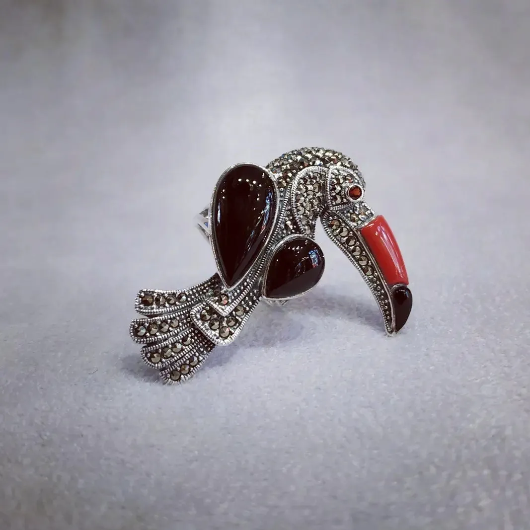 Toucan Silver Marcasite Cornelian Black Onyx Ring