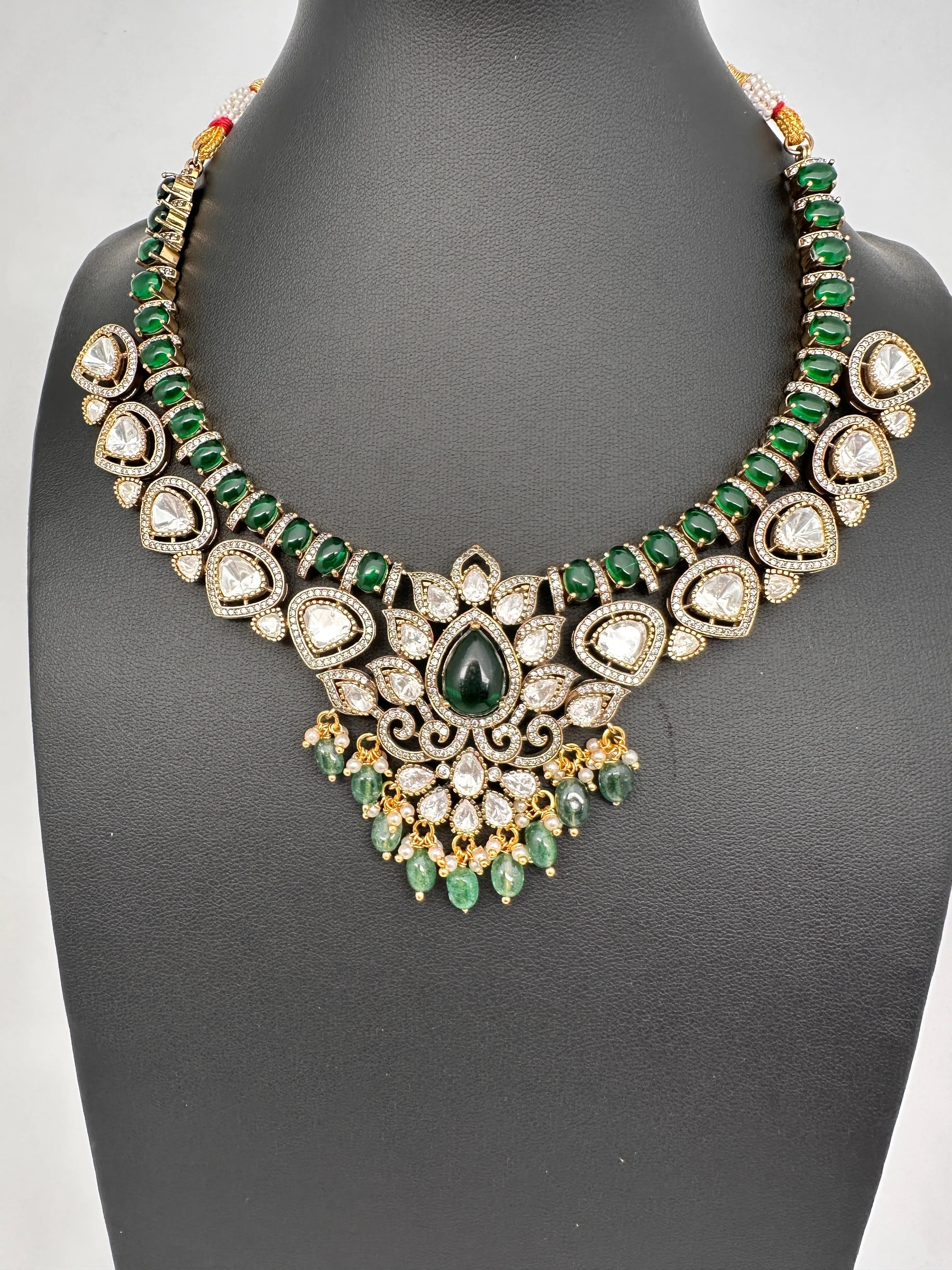 Victorian Moissanite Green Short Necklace with Real Emerald Beads