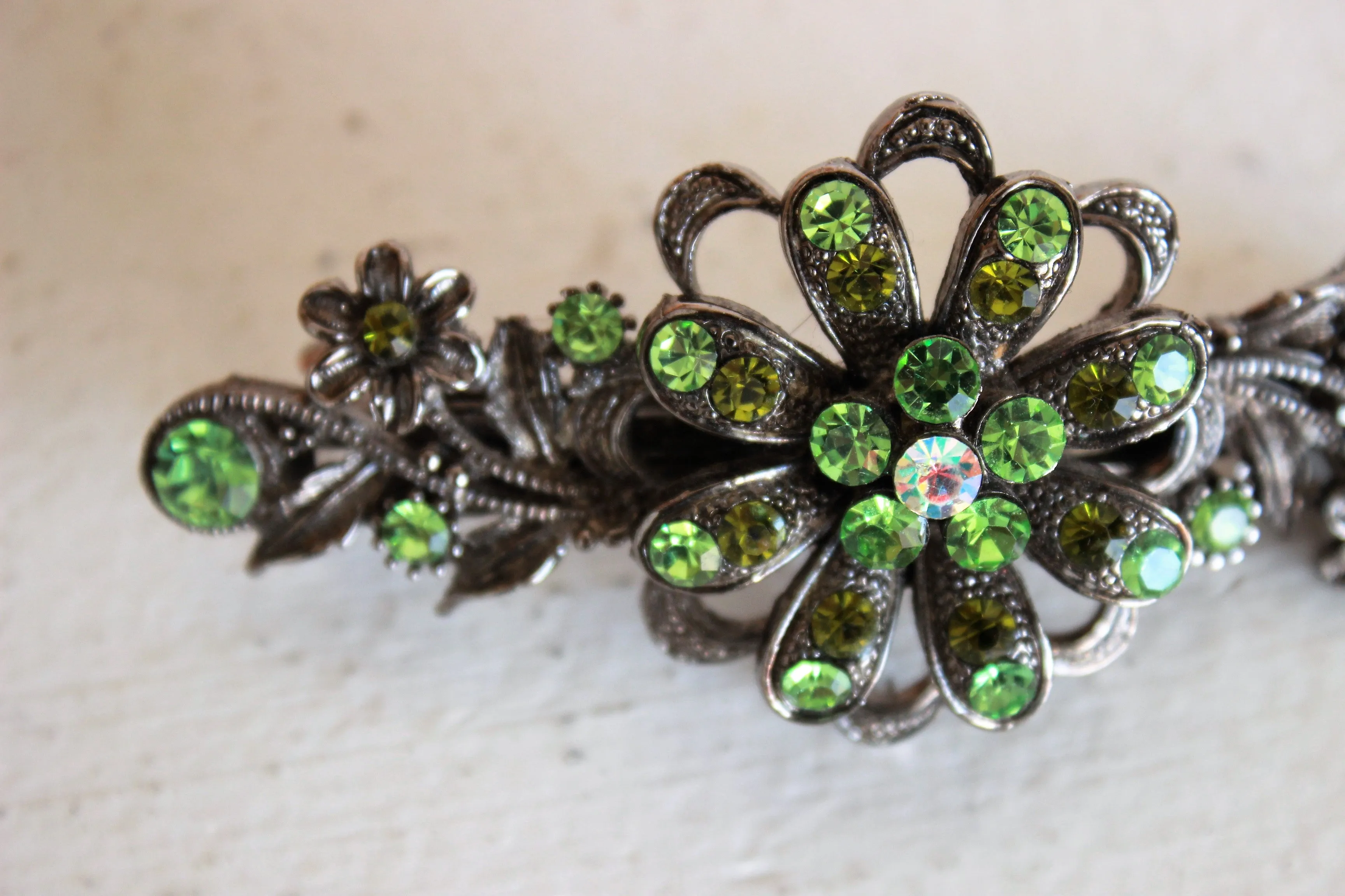 Vintage 1990s Hair Barrette with Green Rhinestones