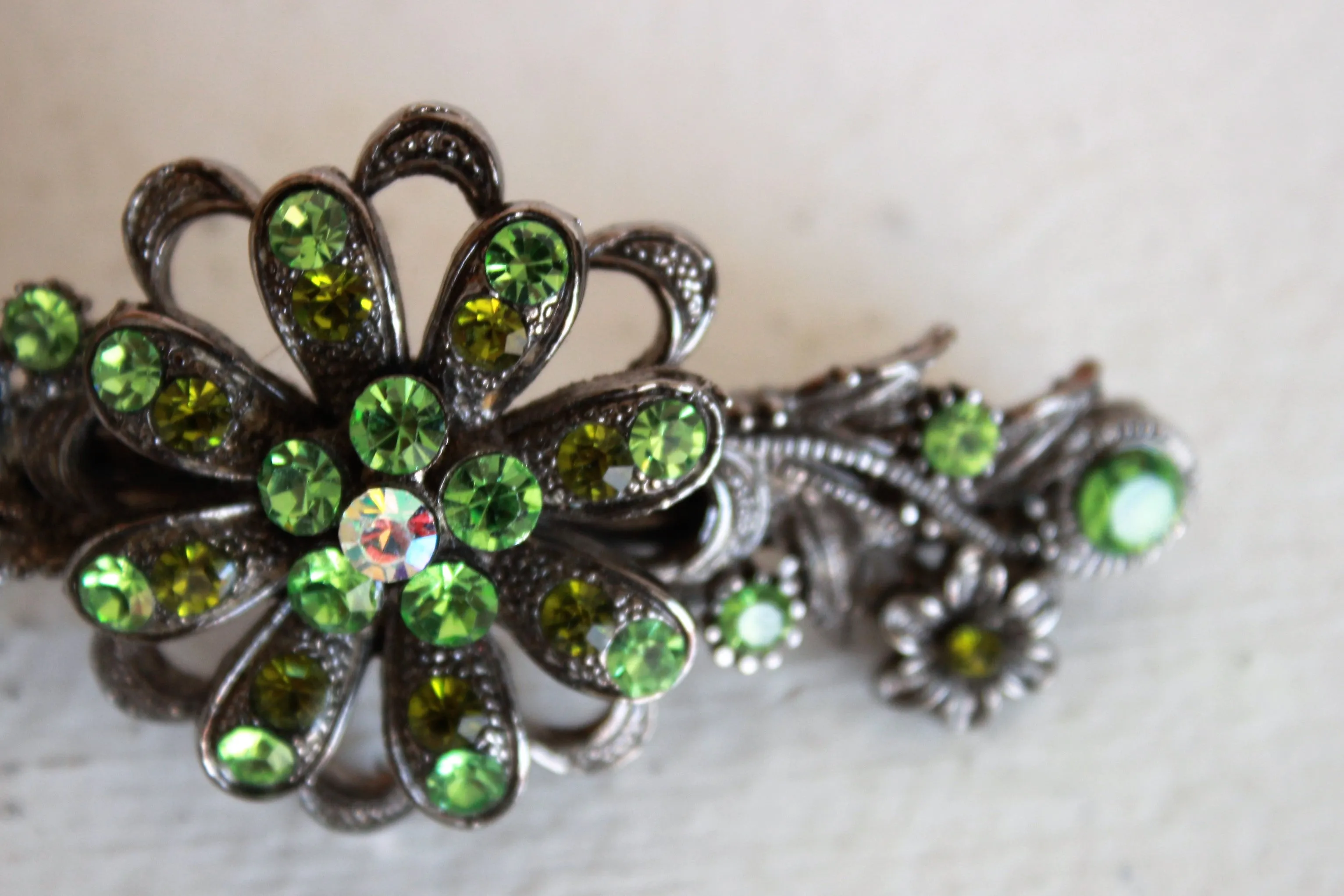 Vintage 1990s Hair Barrette with Green Rhinestones