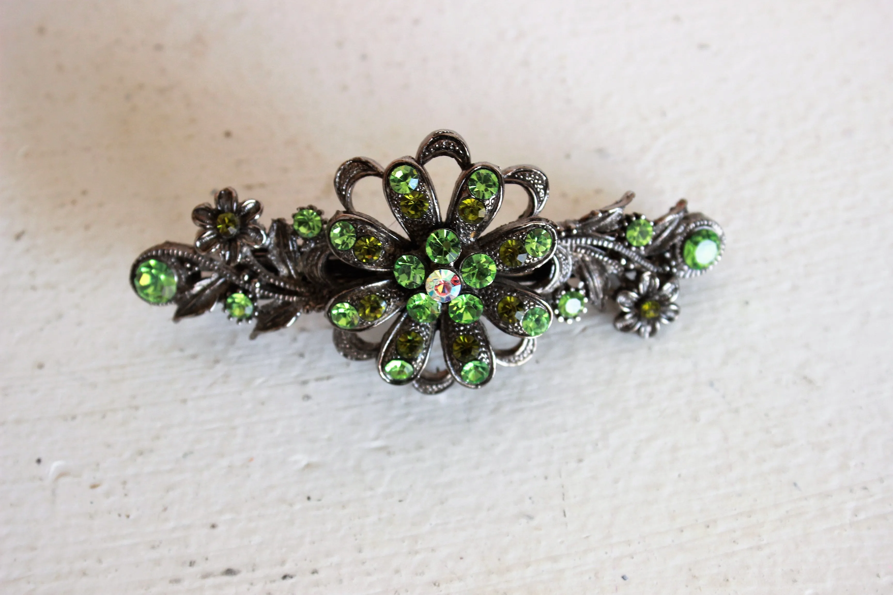 Vintage 1990s Hair Barrette with Green Rhinestones