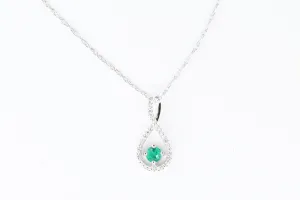 White Gold Emerald and Diamond Twisty Pendant with Chain